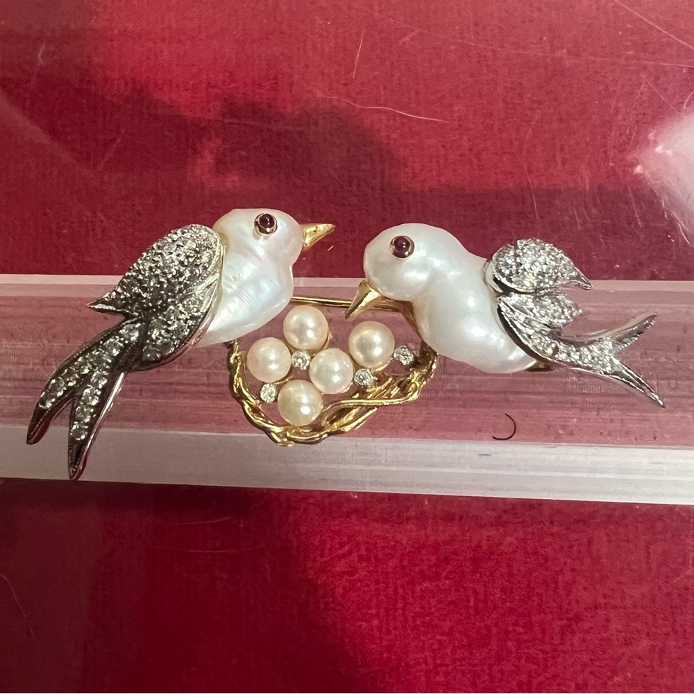 Bird and Pearl Brooch with Gold Accents